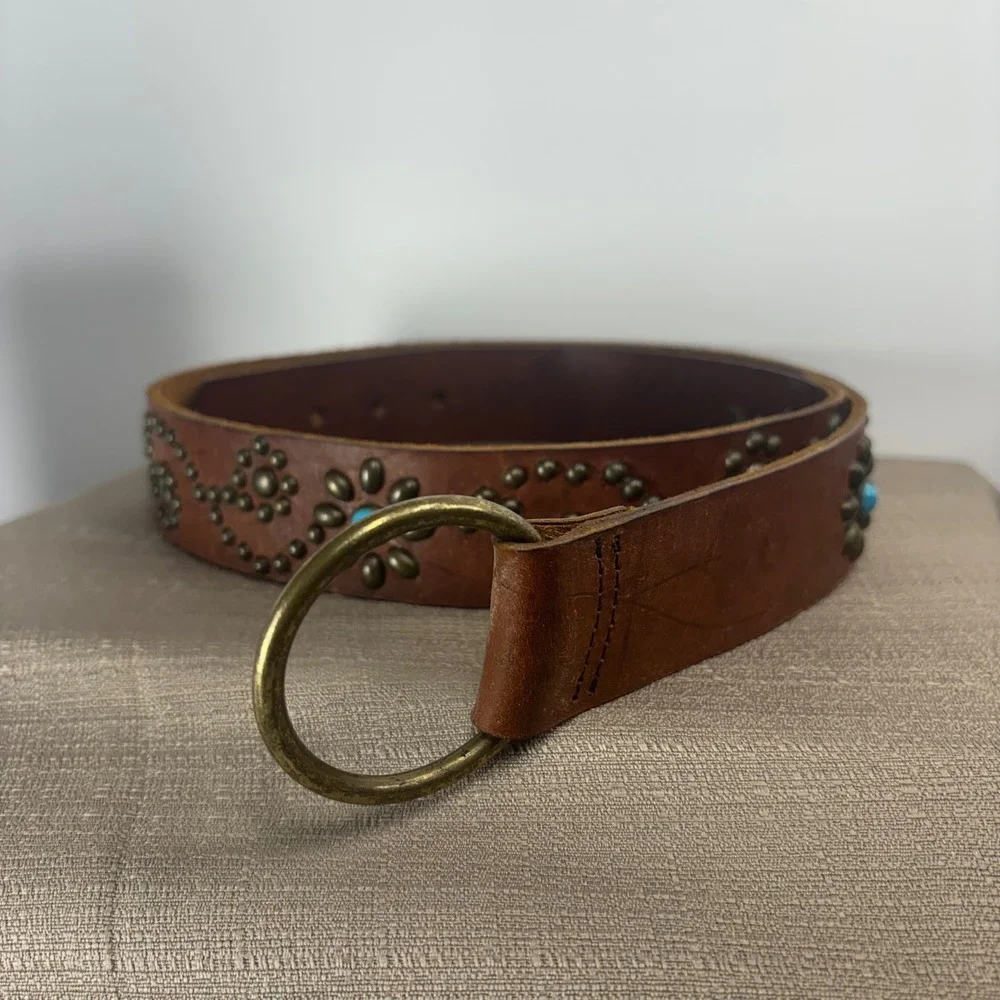 Studded Leather Belt Womens L Brown Excellent Western Boho Vintage 70s